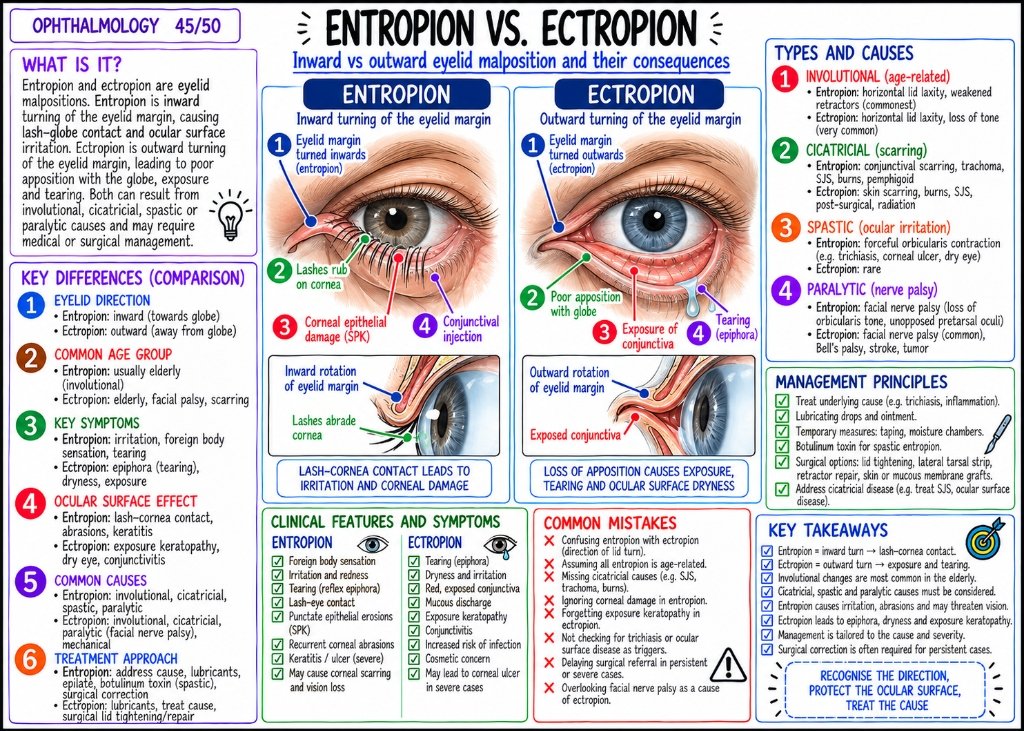 Entropion vs. Ectropion โ Inward vs outward eyelid malposition (45/50)
